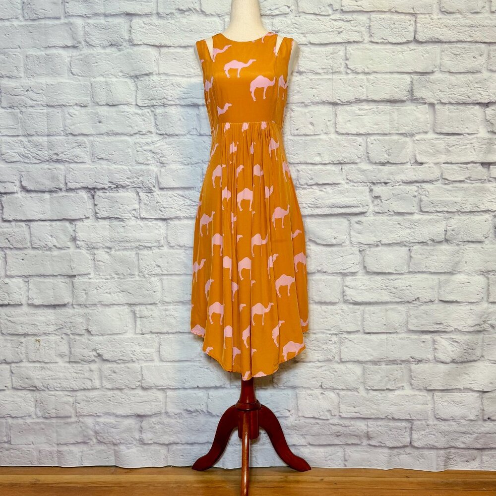 Anthropologie Charlotte Taylor Orange & Pink Silk Camel Print Midi Dress
